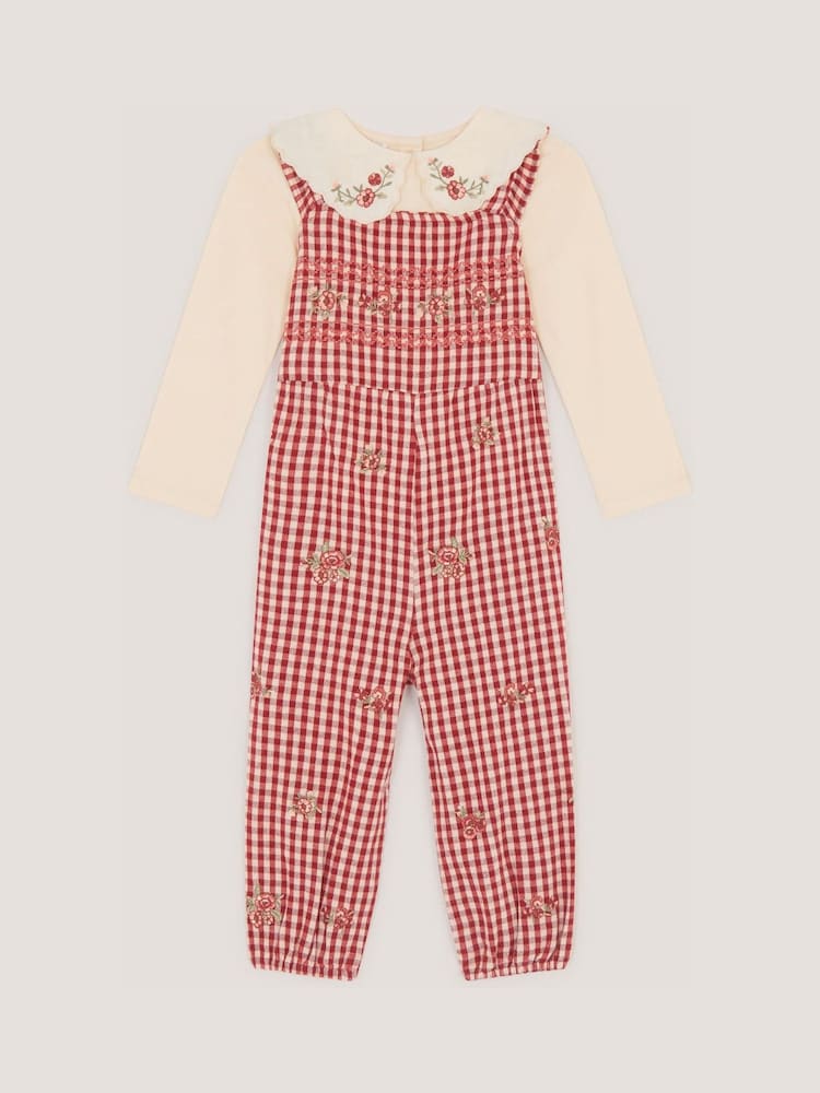 Monsoon Red Baby Embroidered Top & Gingham Dungarees Set - Image 1 of 2 Monsoon Red Baby Embroidered Top & Gingham Dungarees Set - Image 1 of 2