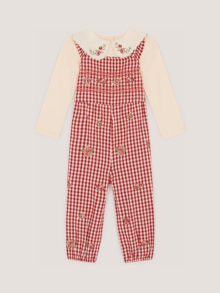 Monsoon Red Baby Embroidered Top & Gingham Dungarees Set