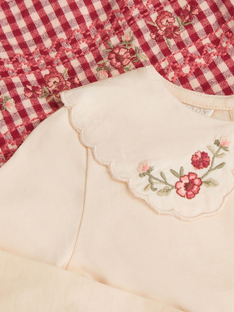 Monsoon Red Baby Embroidered Top & Gingham Dungarees Set - Image 2 of 2 Monsoon Red Baby Embroidered Top & Gingham Dungarees Set - Image 2 of 2