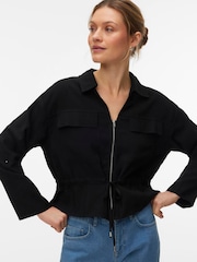 VERO MODA Black Long Sleeve Utility Zip Front Shirt With Tie Waist - Image 1 of 4