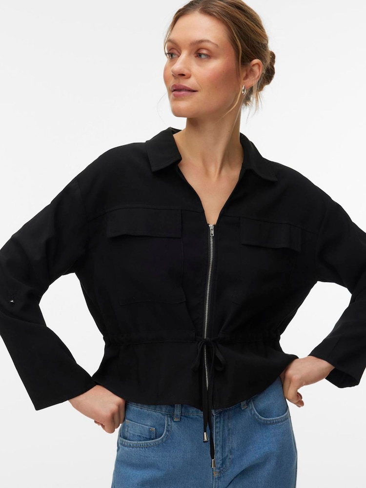 VERO MODA Black Long Sleeve Utility Zip Front Shirt With Tie Waist - Image 1 of 4