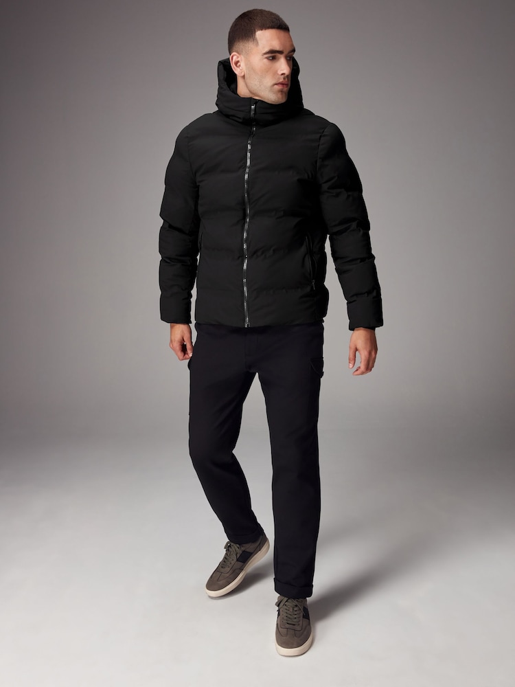 Black Regular Length Shower Resistant Hooded Puffer Coat - Image 2 of 16