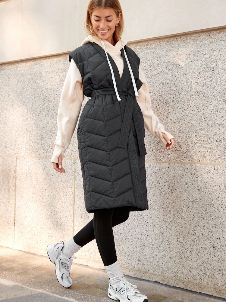 Black Longline Tie Waist Padded Gilet - Image 1 of 7