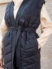 Black Longline Tie Waist Padded Gilet - Image 5 of 7