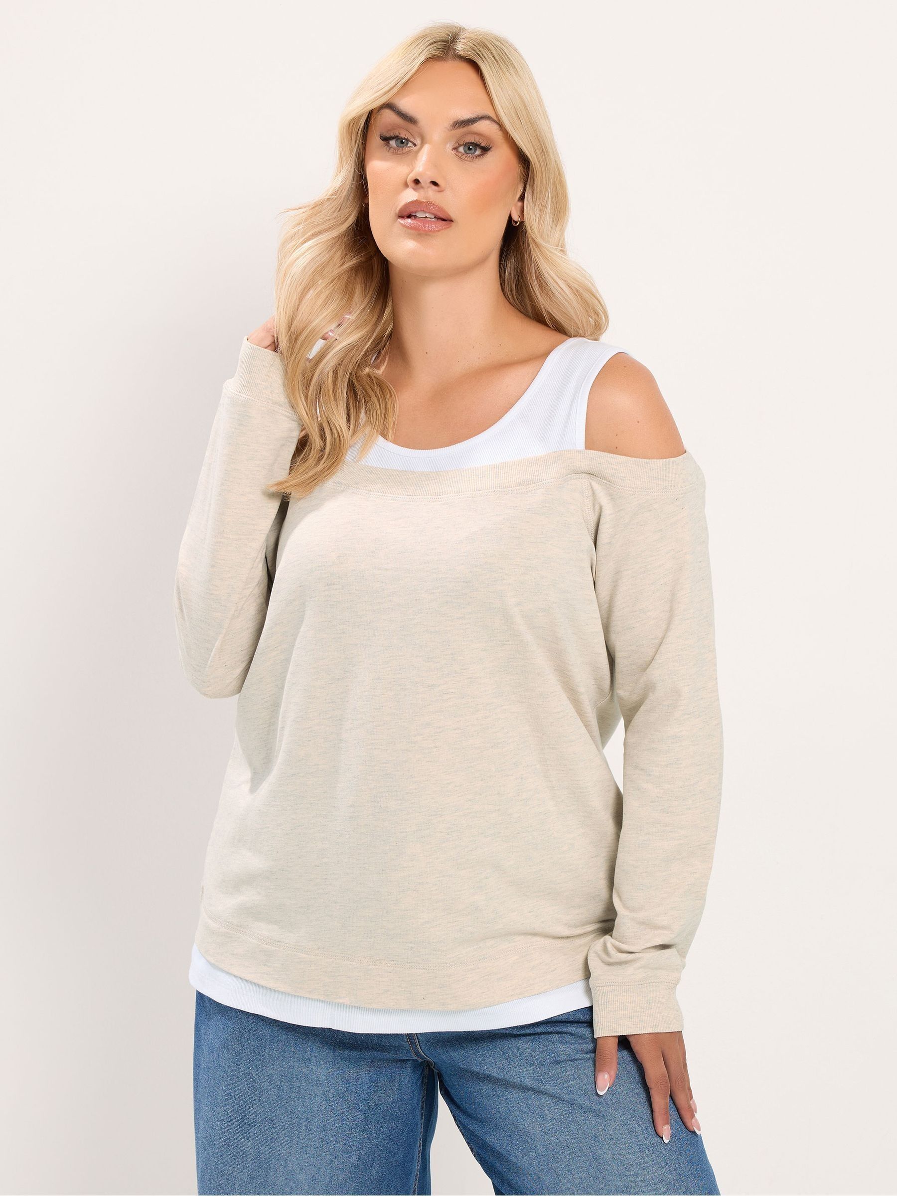 Yours Women's Light Beige 2 In 1 Bardot Ribbed Trim Top In | : 30/32 - Image 2
