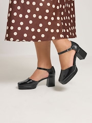 Yours Curve Black Faux Leather Platform Block Heels In Extra Wide Fit - Image 1 of 5