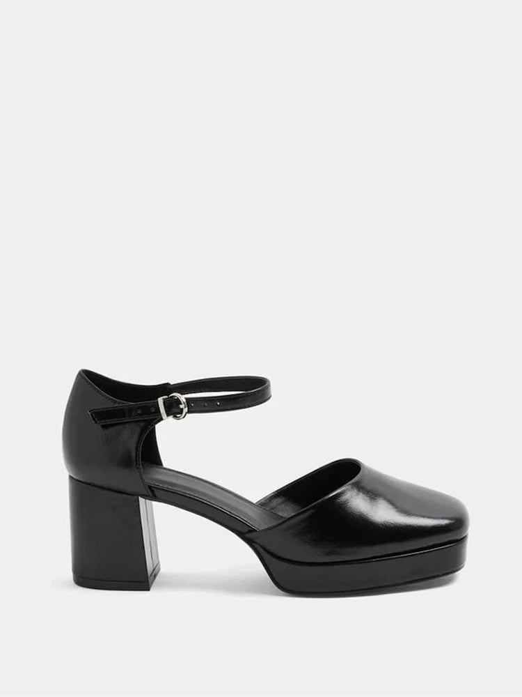 Yours Curve Black Faux Leather Platform Block Heels In Extra Wide Fit - Image 2 of 5 Yours Curve Black Faux Leather Platform Block Heels In Extra Wide Fit - Image 2 of 5