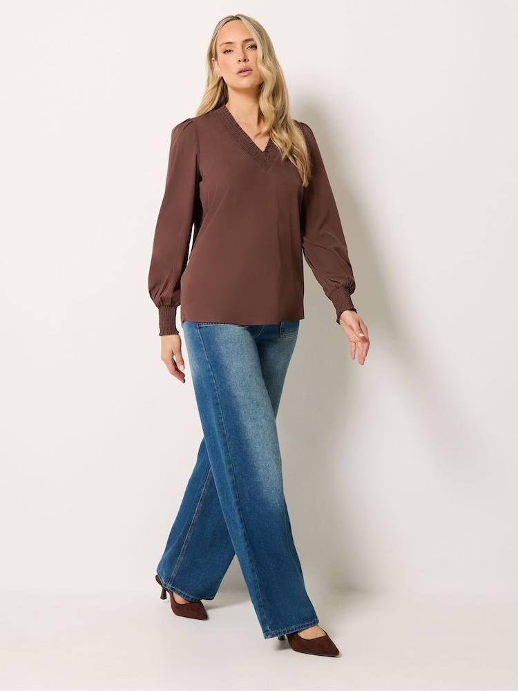 Long Tall Sally Brown Shirred Neck Blouse - Image 2 of 6 Long Tall Sally Brown Shirred Neck Blouse - Image 2 of 6