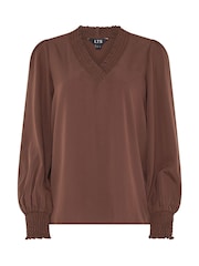 Long Tall Sally Brown Shirred Neck Blouse - Image 5 of 6