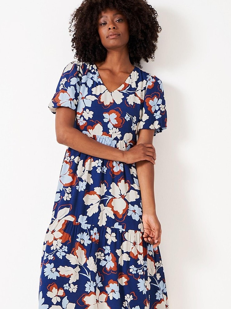 Crew Clothing Company Blue Floral Print Tiered Dress - Image 1 of 4