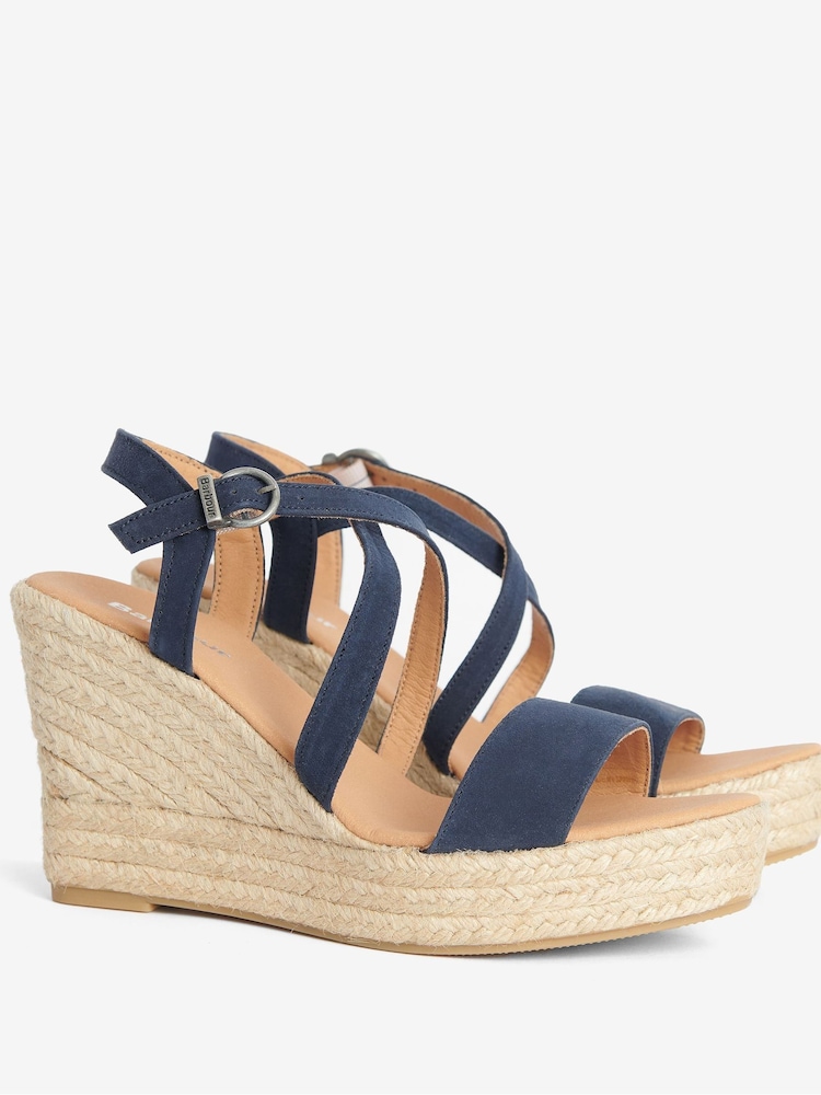Barbour® Navy Lucia Leather Espadrille Wedge Sandals - Image 2 of 5