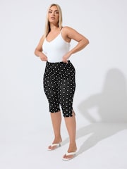 Yours Curve Black Limited Polka Dot Slit Capri Leggings - Image 3 of 7