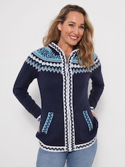 Joe Browns Blue Trinnie Fairisle Zip Through Hooded Jumper - Image 1 of 5