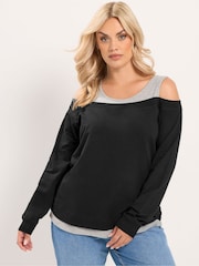 Yours Curve Black 2 In 1 Bardot Ribbed Trim Top - Image 1 of 6
