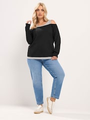 Yours Curve Black 2 In 1 Bardot Ribbed Trim Top - Image 2 of 6