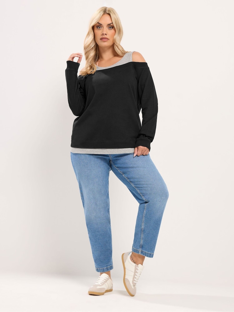Yours Curve Black 2 In 1 Bardot Ribbed Trim Top - Image 2 of 6 Yours Curve Black 2 In 1 Bardot Ribbed Trim Top - Image 2 of 6