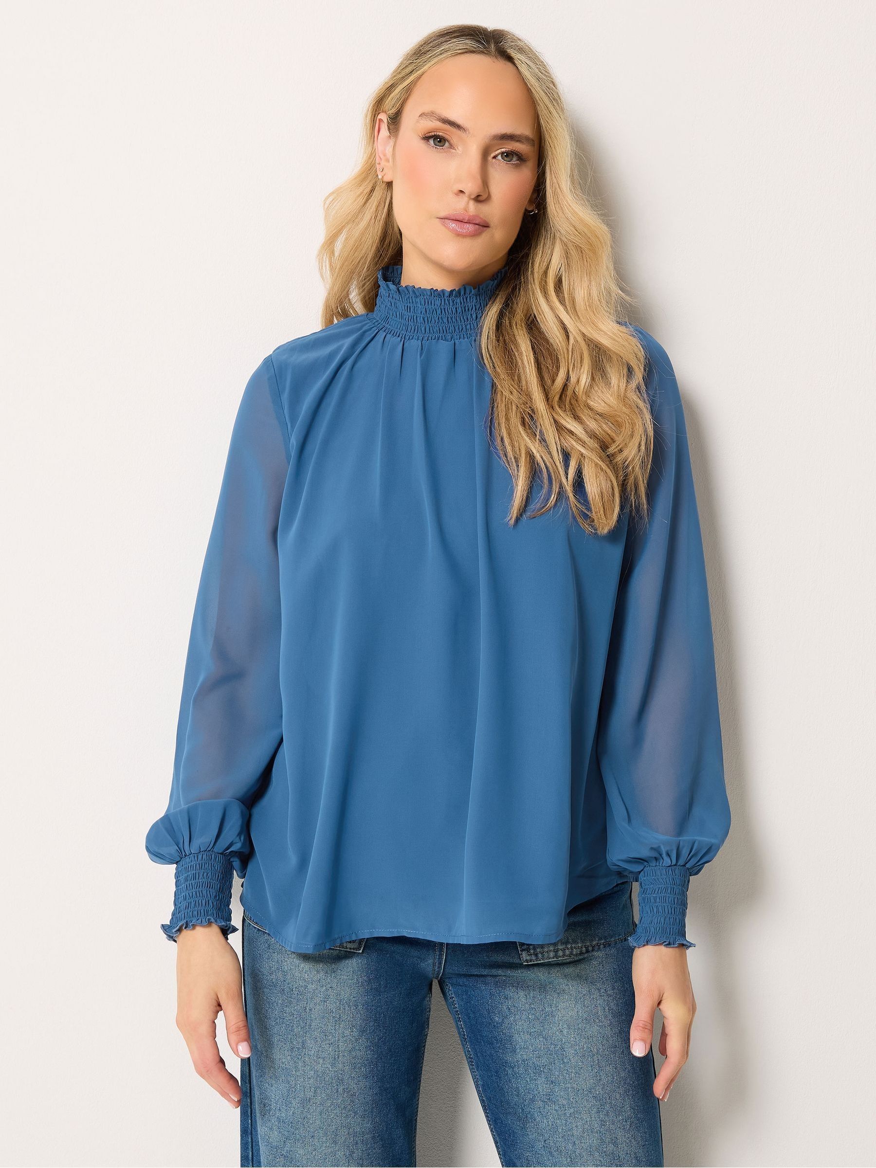 Lts Women's Blue Tall Denim Shirred High Neck Blouse Size 24 - Image 2