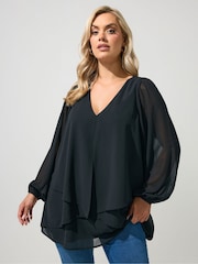 Yours Curve Black Layered V-Neck Long Sleeve Blouse - Image 1 of 6