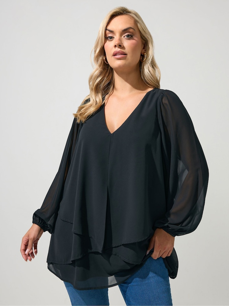 Yours Curve Black Layered V-Neck Long Sleeve Blouse - Image 1 of 6