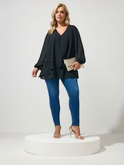 Yours Curve Black Layered V-Neck Long Sleeve Blouse - Image 2 of 6
