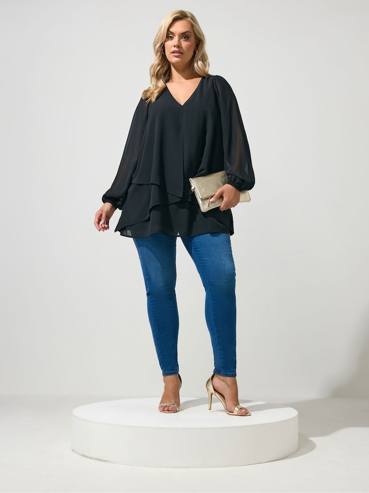 Yours Curve Black Layered V-Neck Long Sleeve Blouse - Image 2 of 6