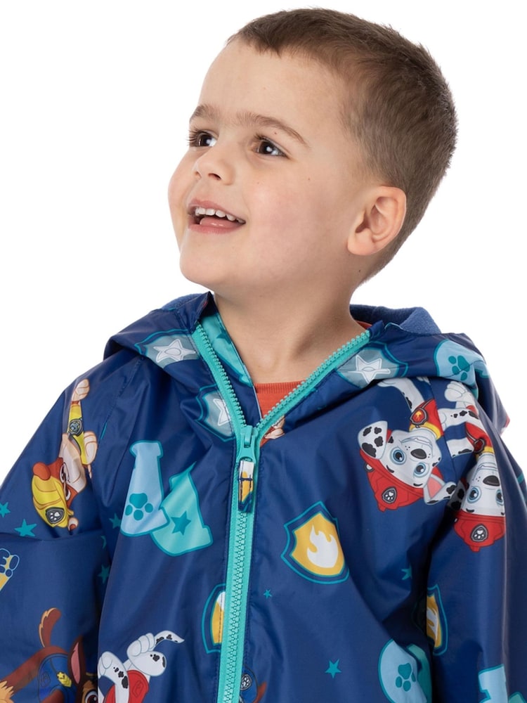 Paw Patrol Boys Puddle Suit | Kids All In One Rain Coat | Navy Blue Marshall Chase Rescue Pups Rule | Long Sleeve With Cuffs Play Walking Jacket | Merchandise Gift For