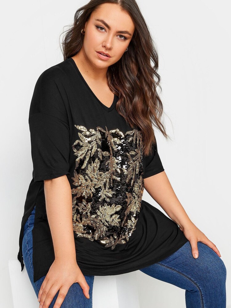 Yours Curve Black Sequin Embellished Design T-Shirt - Image 1 of 1 Yours Curve Black Sequin Embellished Design T-Shirt - Image 1 of 1