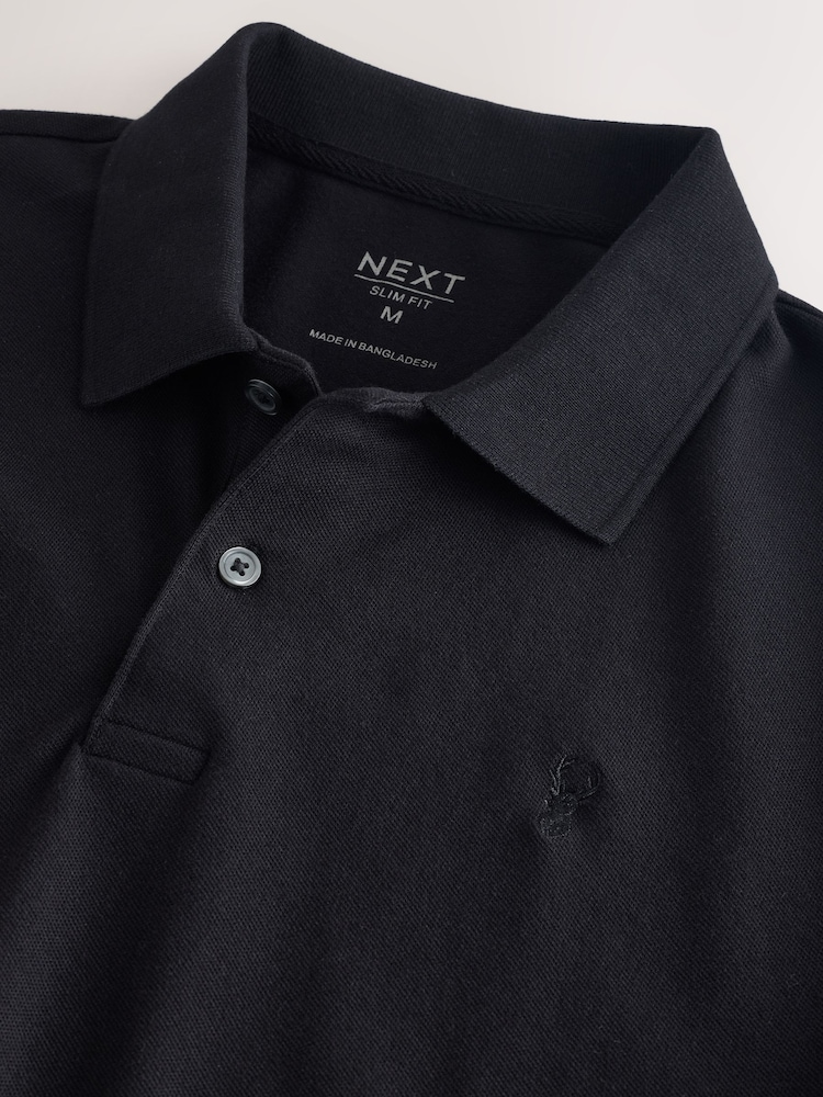 Black Slim Fit Short Sleeve Pique Polo Shirt - Image 7 of 7