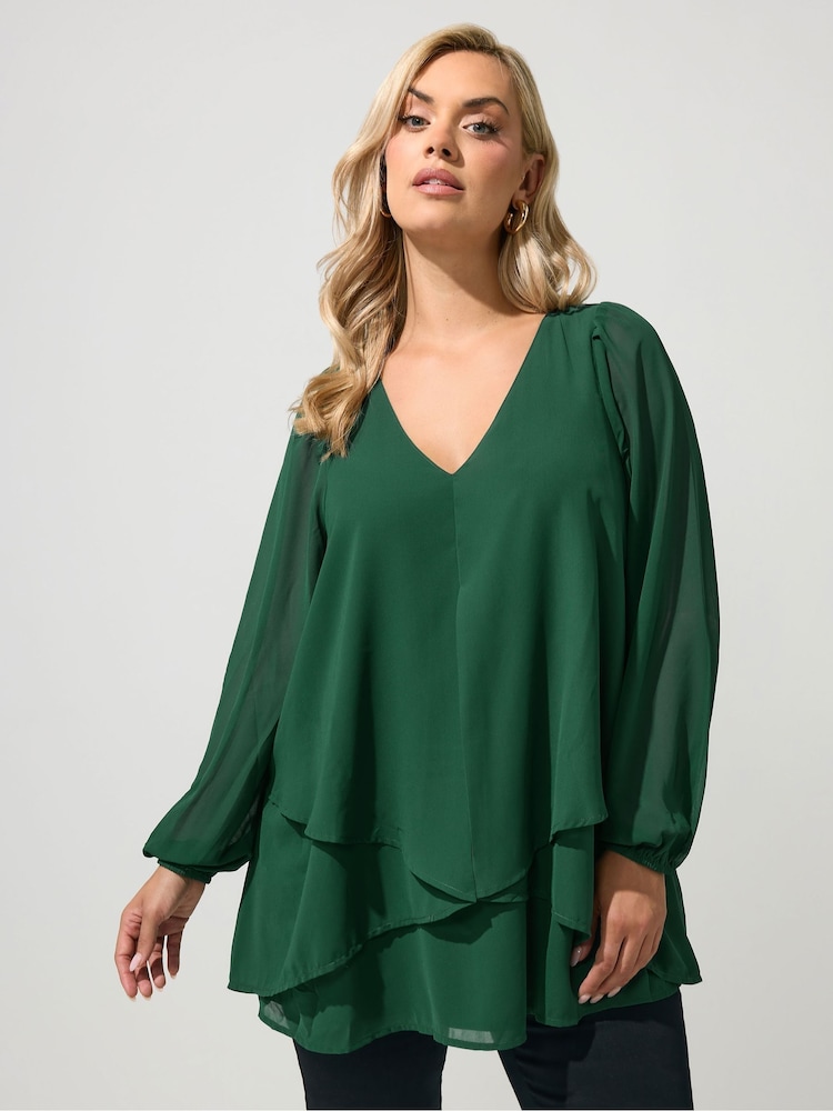 Yours Curve Green Layered V-Neck Long Sleeve Blouse - Image 1 of 6