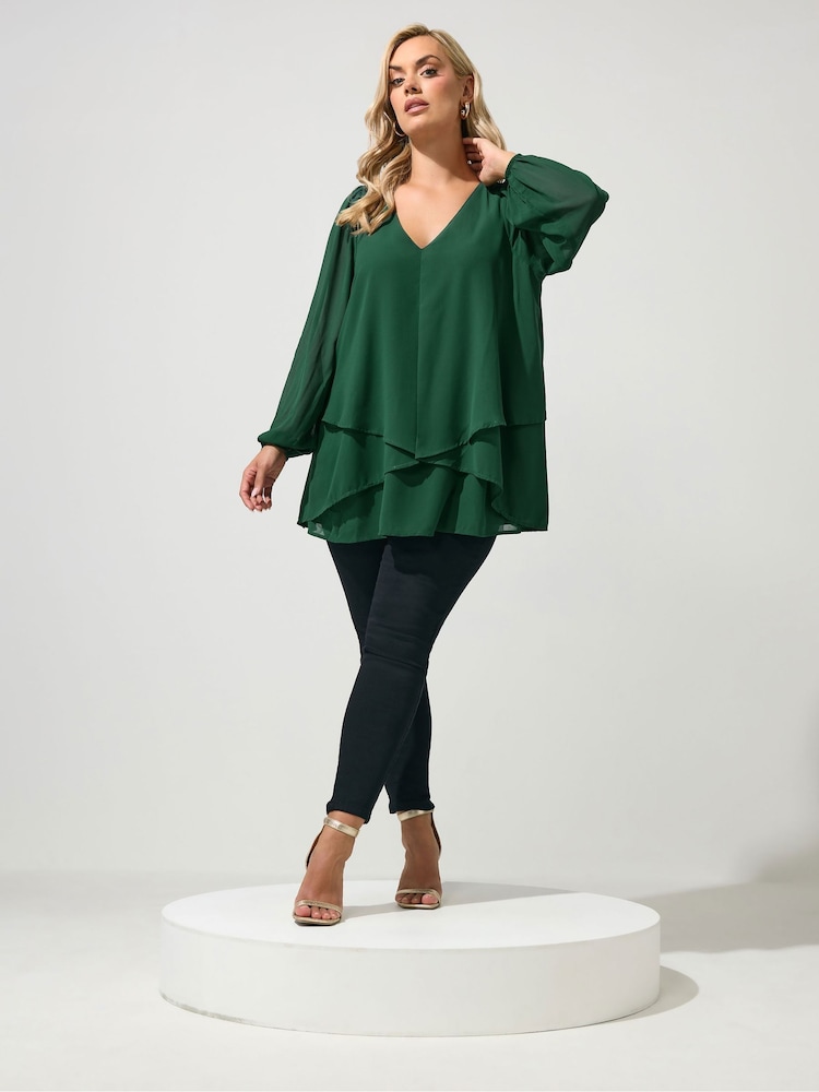 Yours Curve Green Layered V-Neck Long Sleeve Blouse - Image 2 of 6
