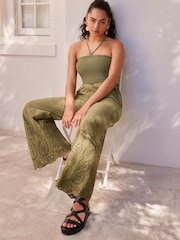 Khaki Green Shirred Bandeau Broderie Jumpsuit - Image 2 of 7