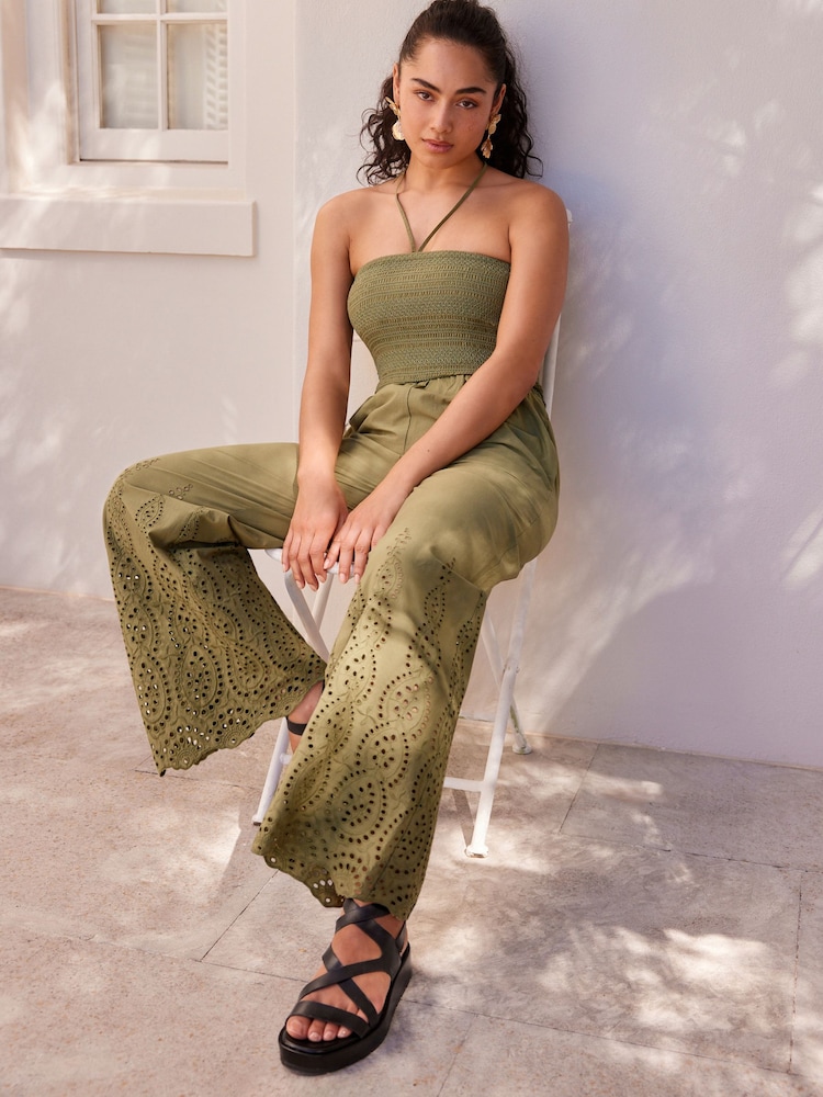 Khaki Green Shirred Bandeau Broderie Jumpsuit - Image 2 of 7