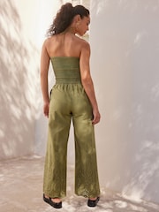 Khaki Green Shirred Bandeau Broderie Jumpsuit - Image 3 of 7