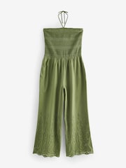 Khaki Green Shirred Bandeau Broderie Jumpsuit - Image 6 of 7