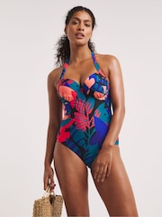JD Williams Black Tropical Print Mix and Match Padded Underwired Plunge Swimsuit - Image 1 of 4