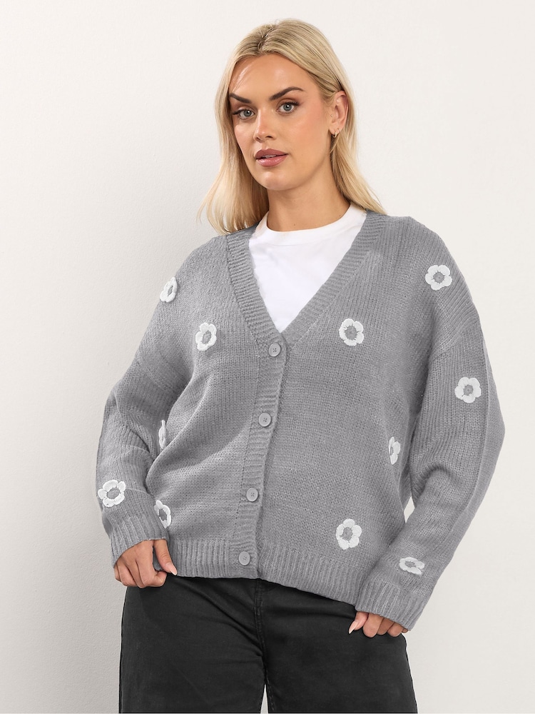 Yours Curve Grey Applique Flower Cardigan - Image 1 of 1