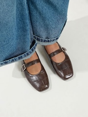 Yours Curve Brown Croc Print Extra Wide Fit Buckle Detail Mary Jane Flats - Image 1 of 5
