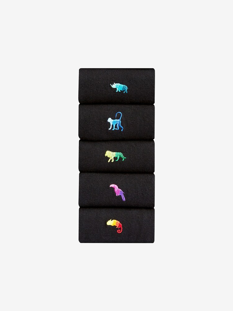 Black Ombre Animal Fun Embroidered Socks 5 Pack - Image 1 of 7