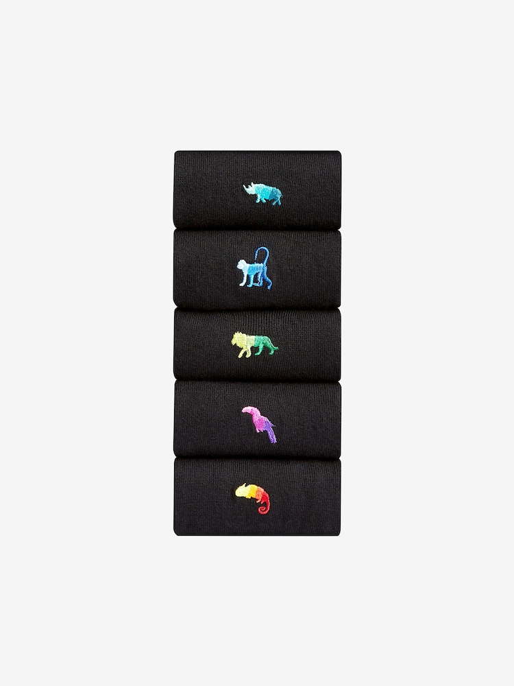 Black Ombre Animal Fun Embroidered Socks 5 Pack - Image 1 of 7 Black Ombre Animal Fun Embroidered Socks 5 Pack - Image 1 of 7