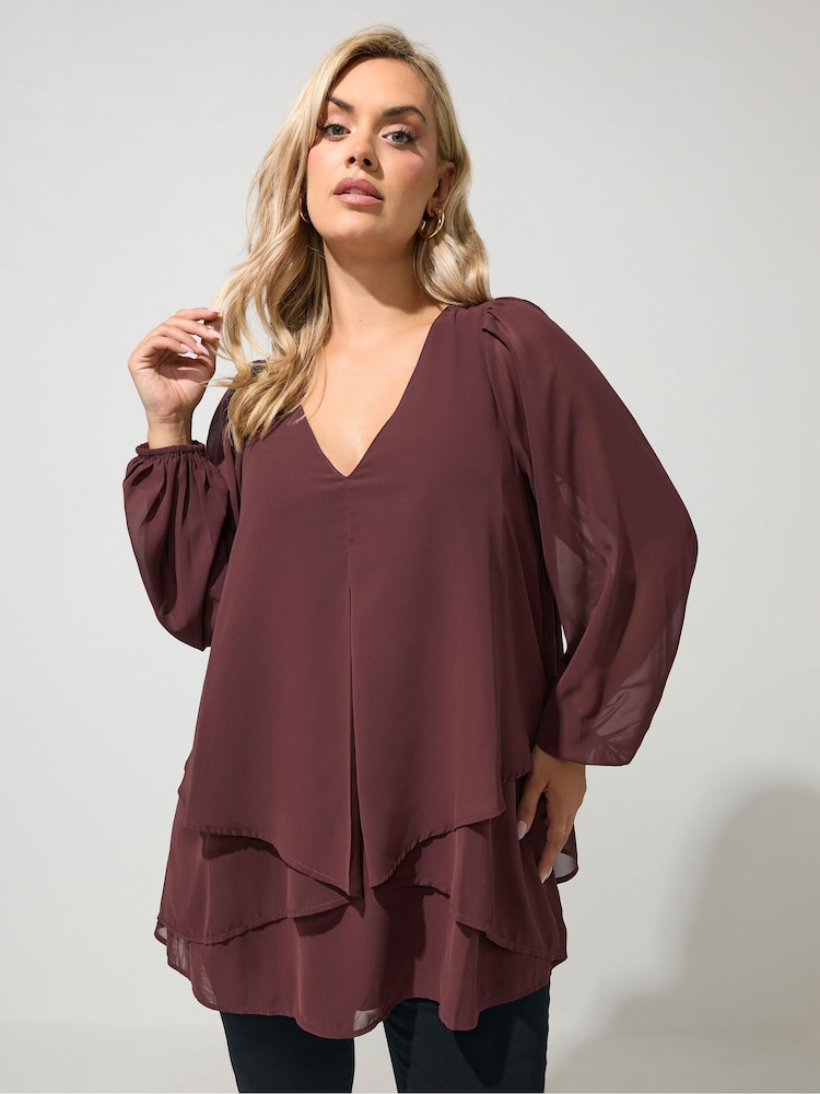 Yours Curve Brown Layered V-Neck Long Sleeve Blouse - Image 1 of 6