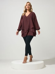 Yours Curve Brown Layered V-Neck Long Sleeve Blouse - Image 2 of 6