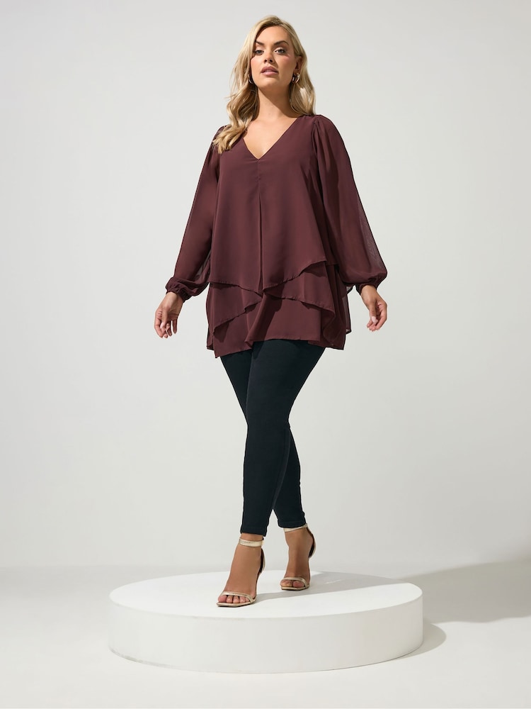 Yours Curve Brown Layered V-Neck Long Sleeve Blouse - Image 2 of 6