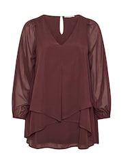 Yours Curve Brown Layered V-Neck Long Sleeve Blouse - Image 5 of 6
