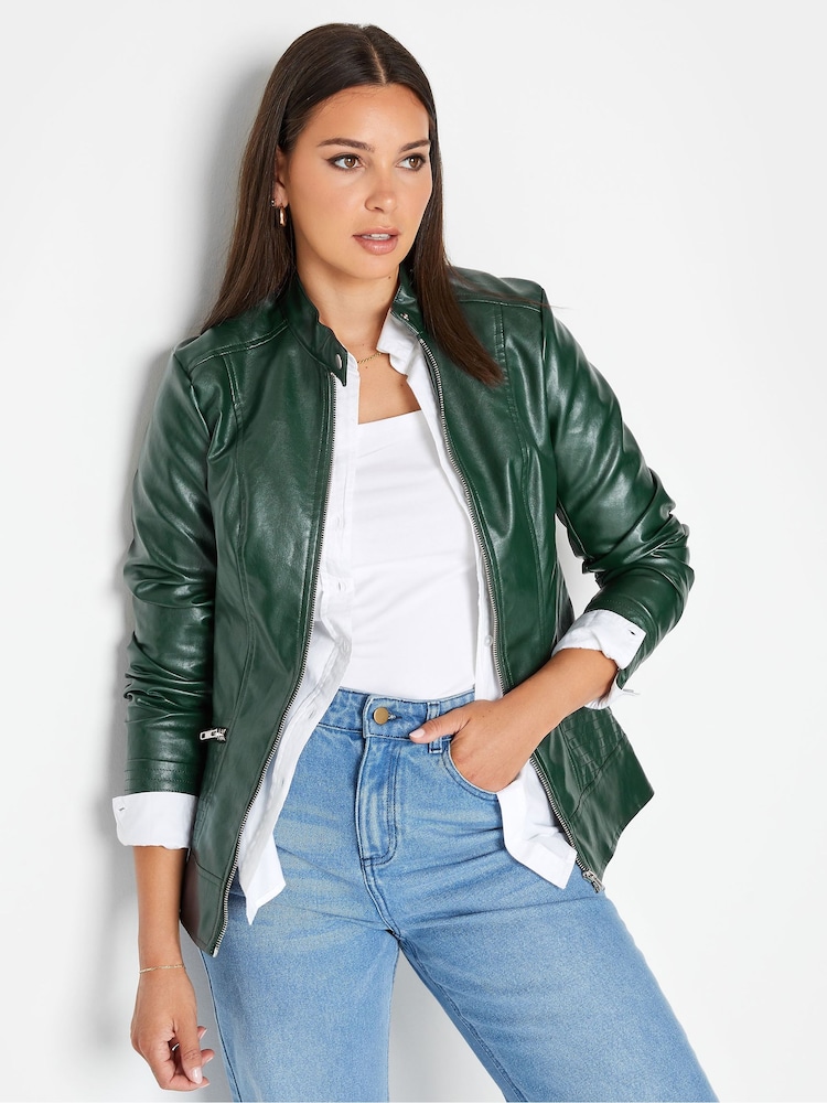 Long Tall Sally Green Faux Leather Funnel Neck Jacket - Image 2 of 5