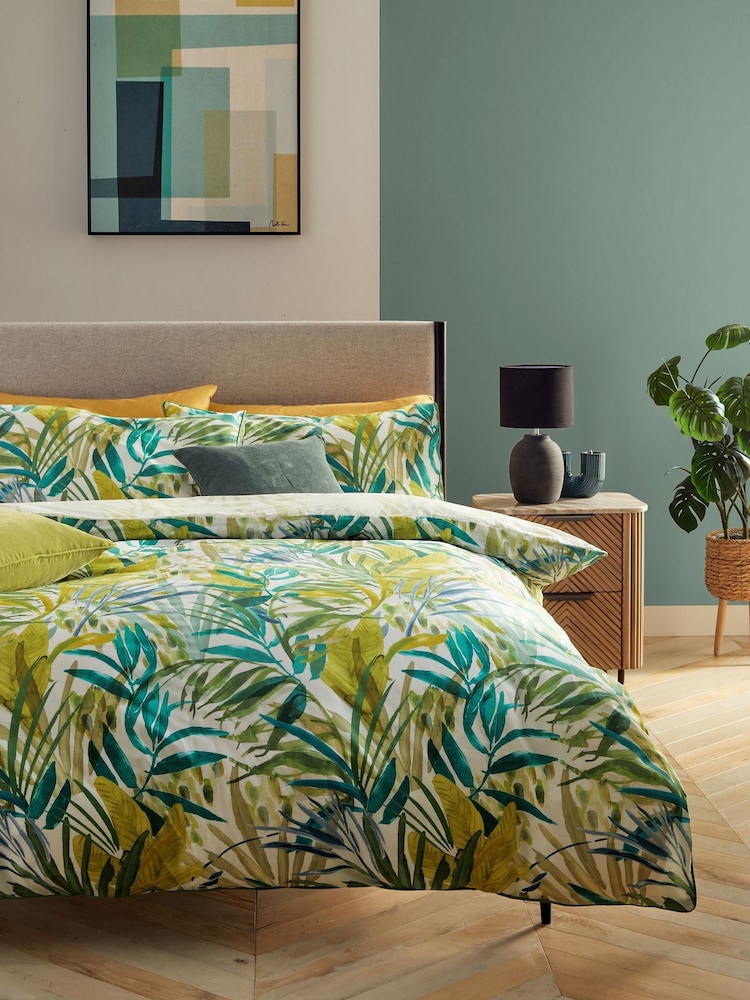 Tropical Leaf with Pipe Edge 100% Cotton Duvet Cover and Pillowcase Set - Image 1 of 5
