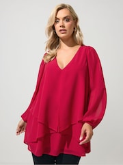Yours Curve Red Layered V-Neck Long Sleeve Blouse - Image 1 of 6