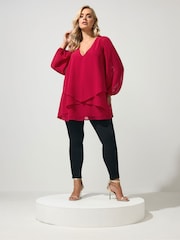 Yours Curve Red Layered V-Neck Long Sleeve Blouse - Image 2 of 6