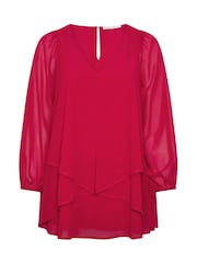 Yours Curve Red Layered V-Neck Long Sleeve Blouse - Image 5 of 6