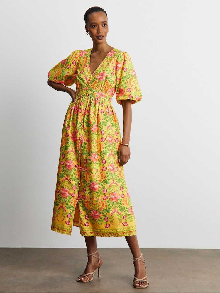 Joanna Hope Yellow Floral Print Cotton Prom Dress - Image 1 of 4