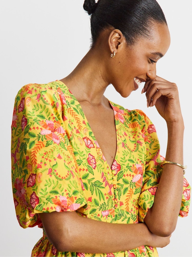 Joanna Hope Yellow Floral Print Cotton Prom Dress - Image 4 of 4